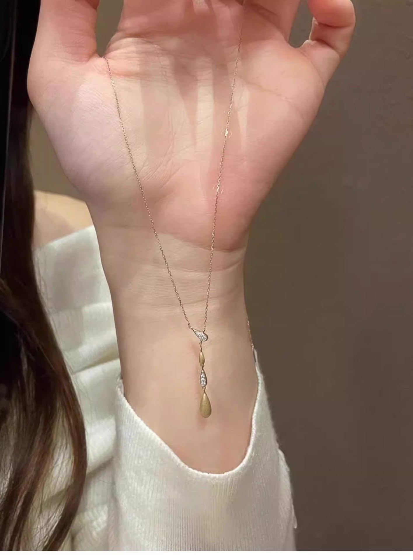 S925 Sterling Silver Teardrop Y-Necklace | French Brushed Tassel Minimalist Collarbone Necklace