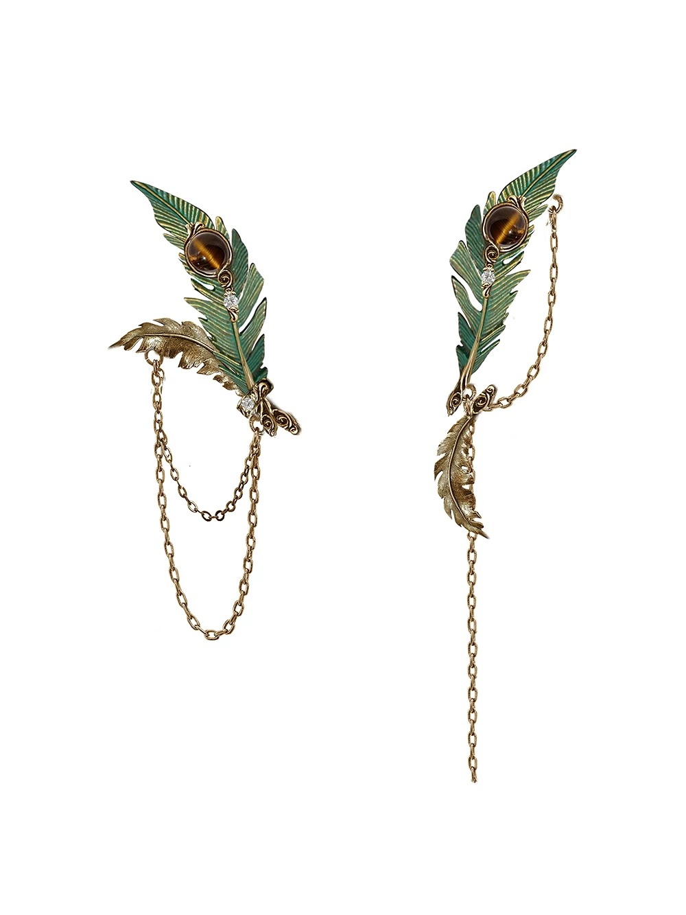 Asymmetric Green Feather Chain Tassel Drop Earrings | Vintage Gold Tiger's Eye Statement Earrings