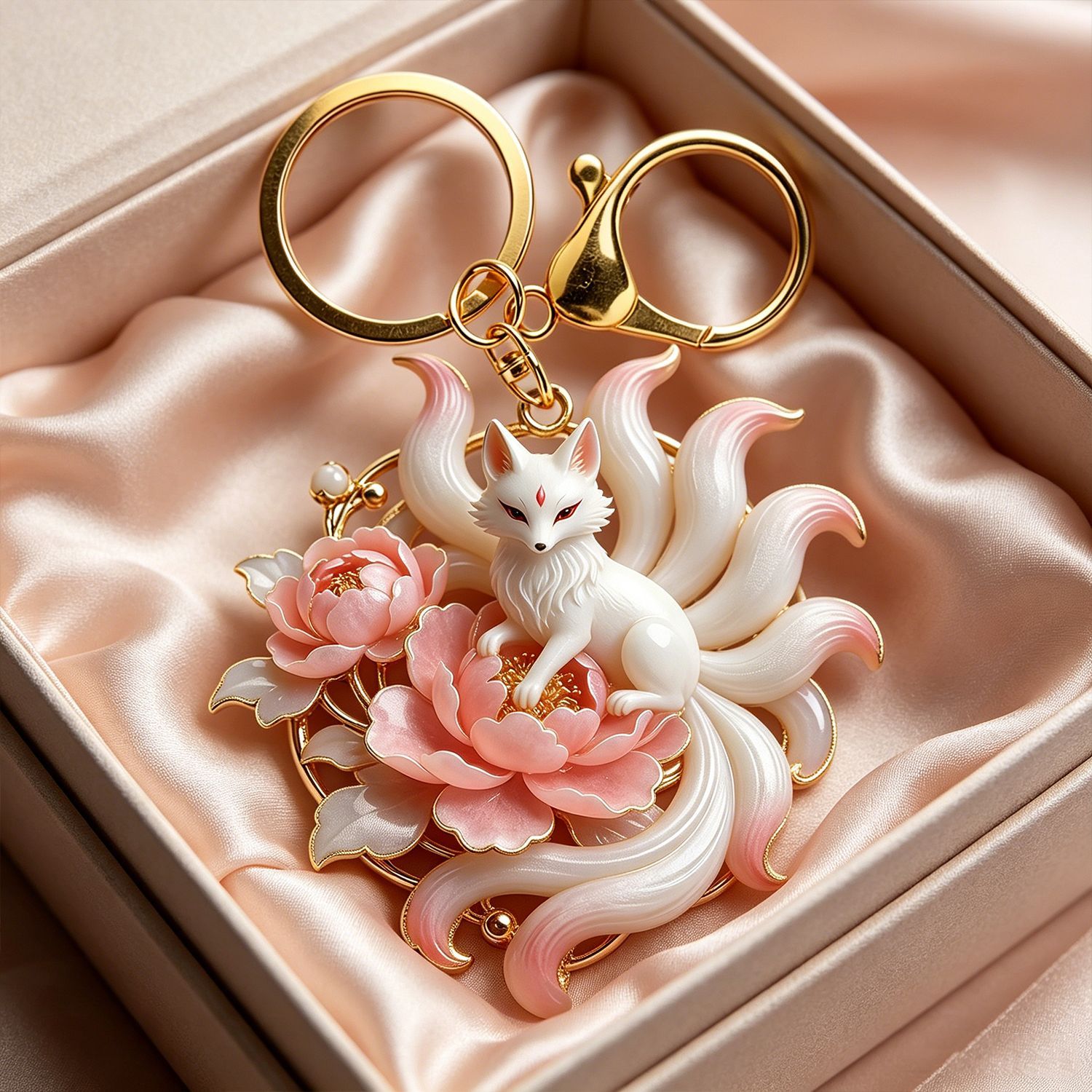 Nine Tailed Fox & Peony Spiritual Charm Keychain | Love Attraction & Good Fortune Bag Adornment