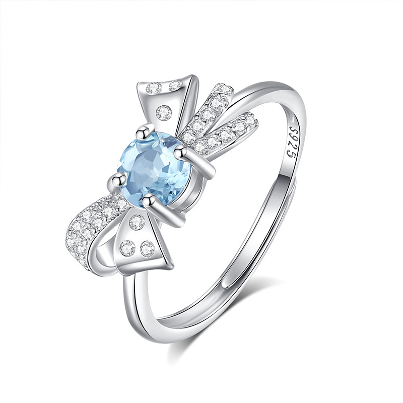 Natural Gemstone Bow Ring, S925 Sterling Silver Adjustable Open Ring