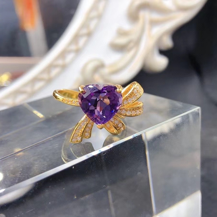 Heart Natural Amethyst Ring, S925 Sterling Silver Gold Plated Adjustable Open Ring