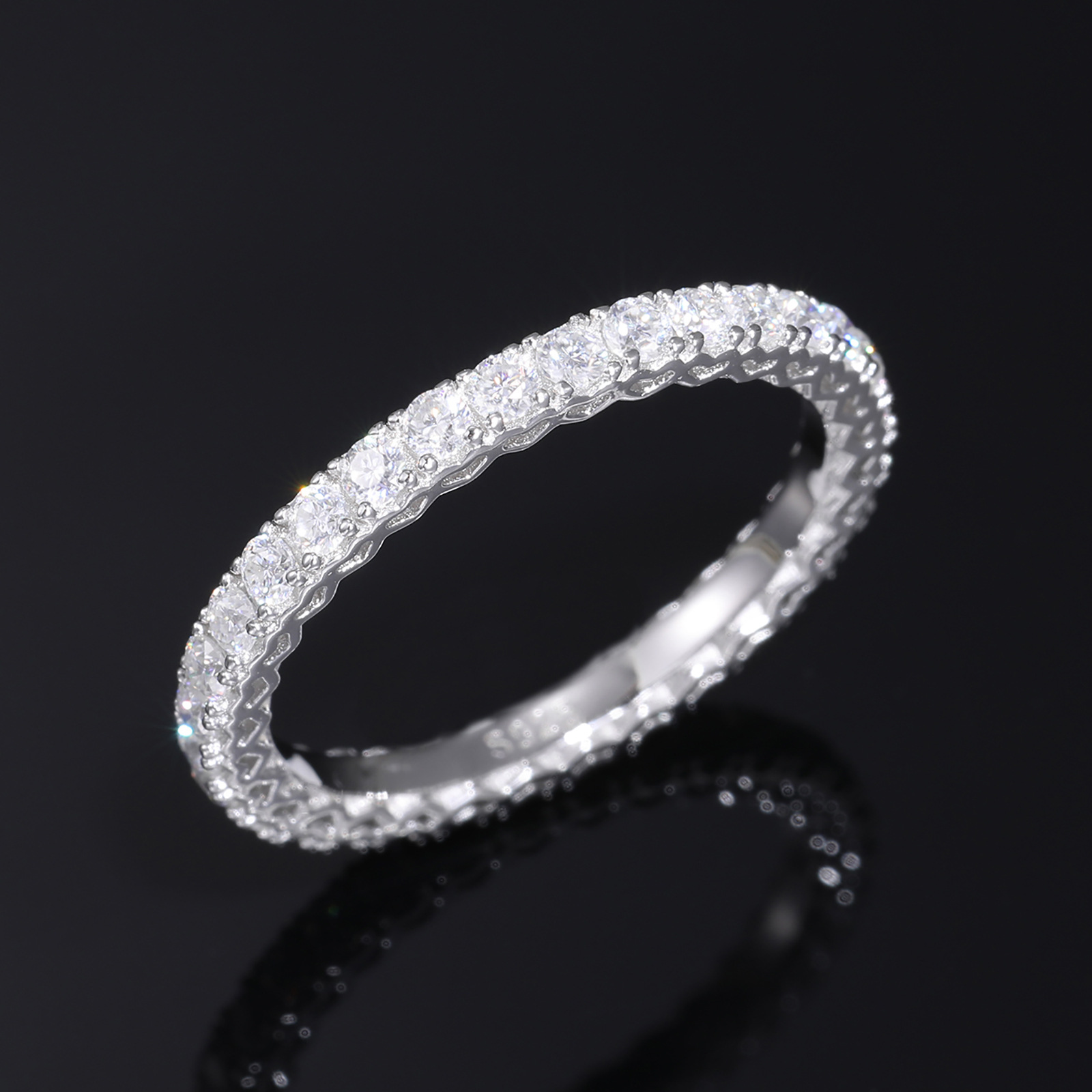S925 Sterling Silver Full Paved Moissanite Eternity Ring, Stackable Wedding Band