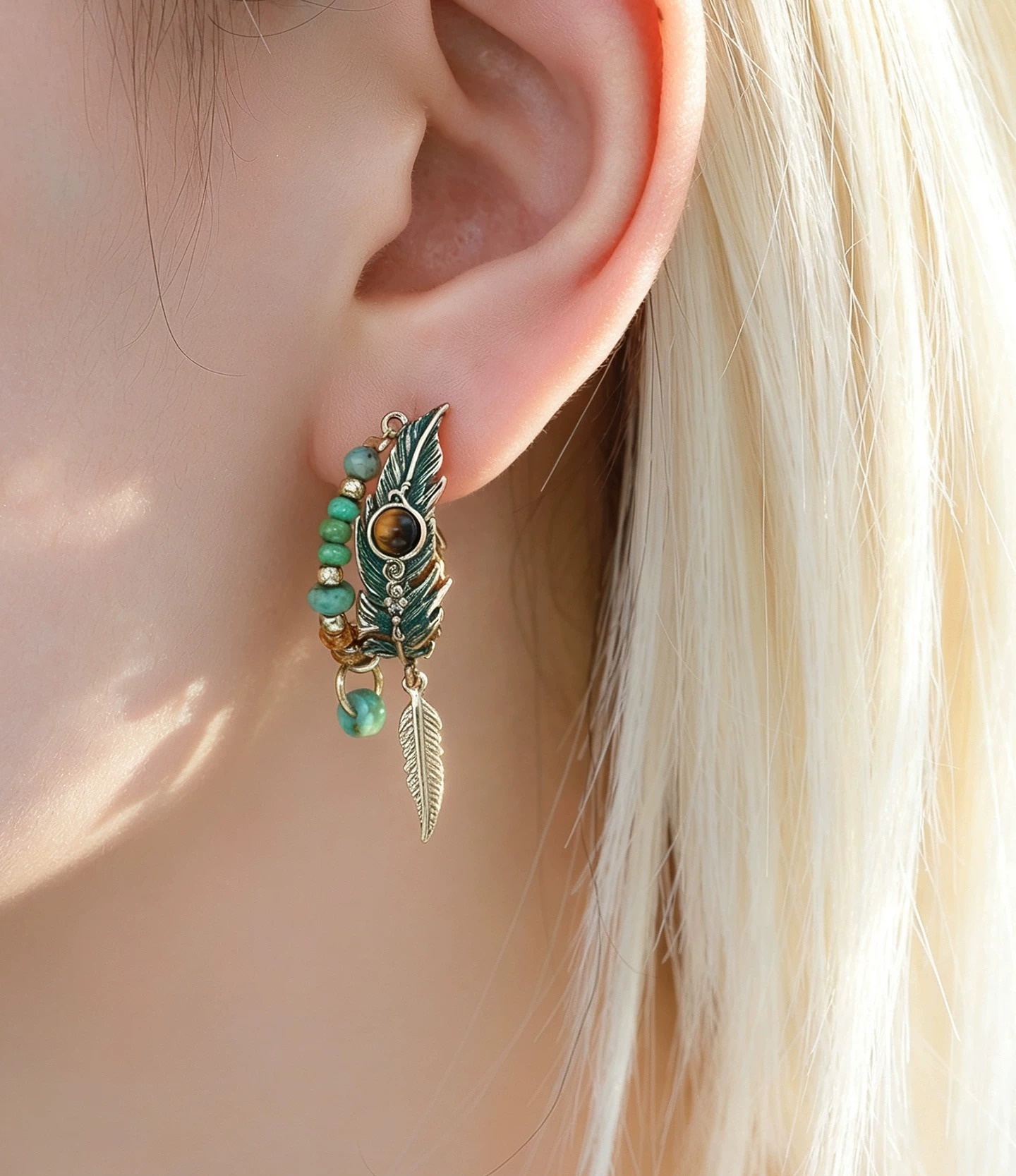 Vintage Green Peacock Feather Enamel Hoop Earrings | Bohemian Exotic Vacation Beaded Drop Earrings