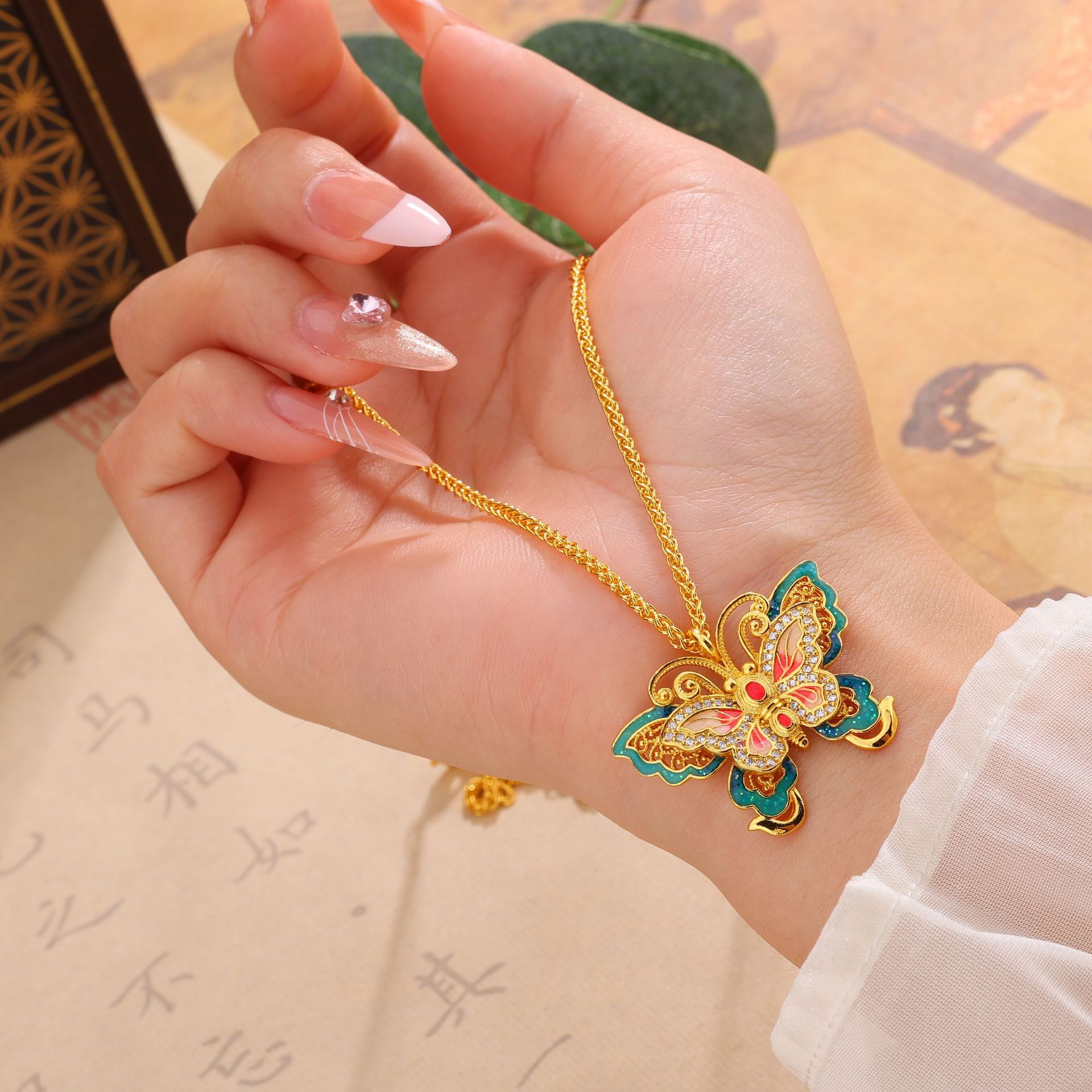 Vintage Enamel Butterfly Pendant Necklace, Gold Sand Inlaid Crystal, Oriental Retro Women’s Statement Jewelry