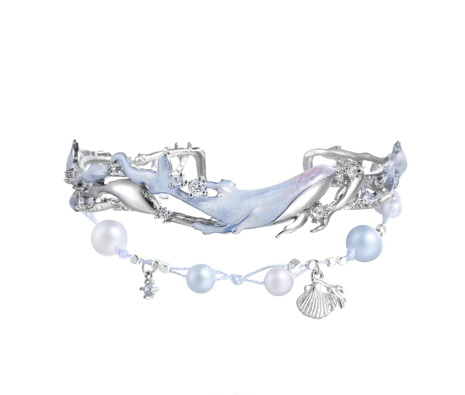 Atlantean Whale 3D Relief Cuff Bracelet | Original Niche Sweet Cool Premium Bangle & Pearl Bracelet Set