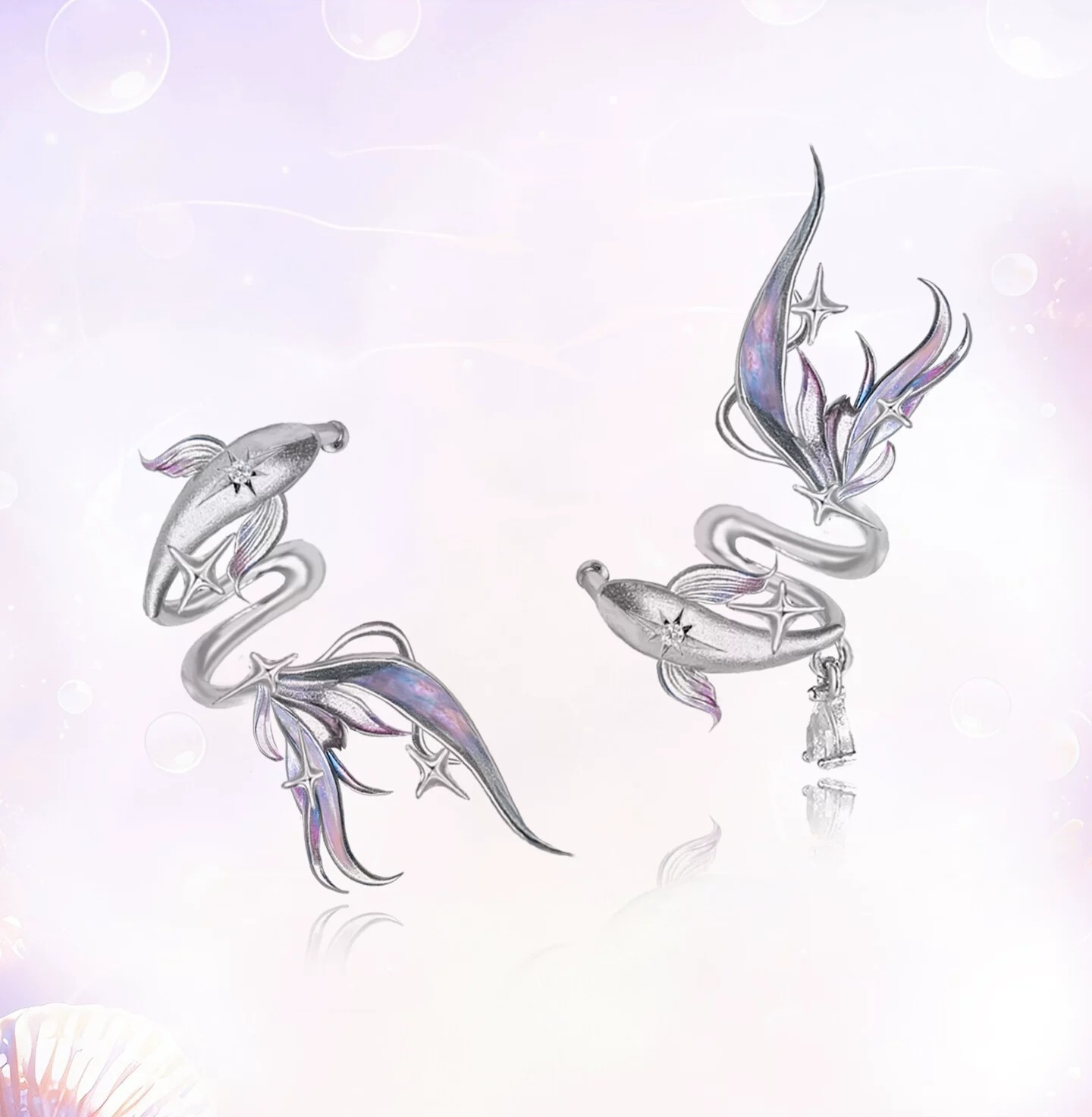 Deep Sea Legend Gradient Enamel Fish Tail Ear Cuff | No-Piercing Fairy Ocean Silver Cartilage Earring