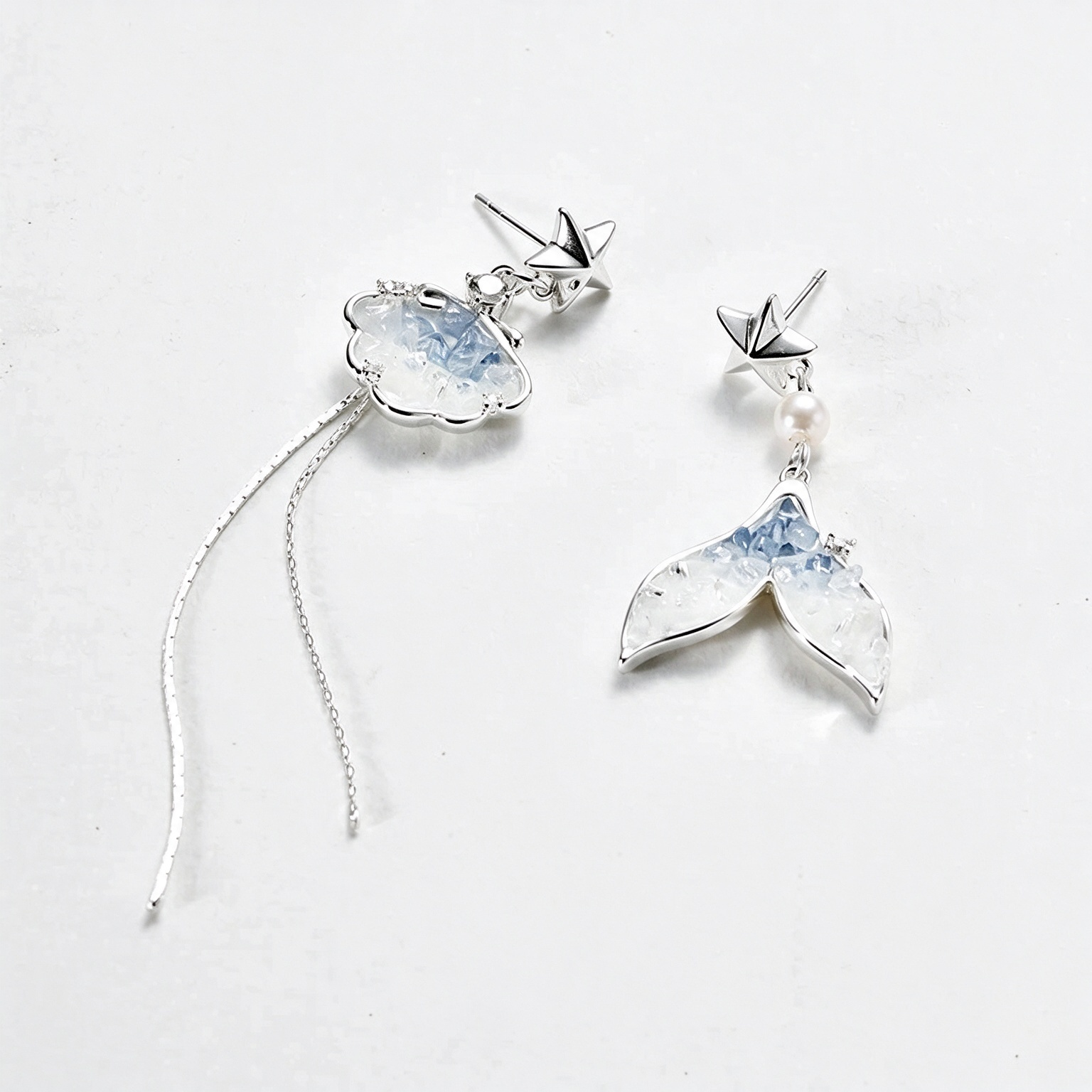 Sea Salt Crystal Fishtail Seashell Drop Earrings | Niche Luxury Silver-Plated Ocean Dangle Earrings for Women