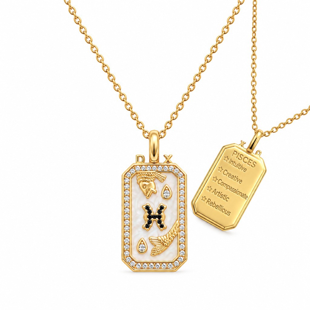 12 Zodiac Sign Rectangular Tag Necklace, Gold Plated Shell Inlay Zircon Pendant Necklace