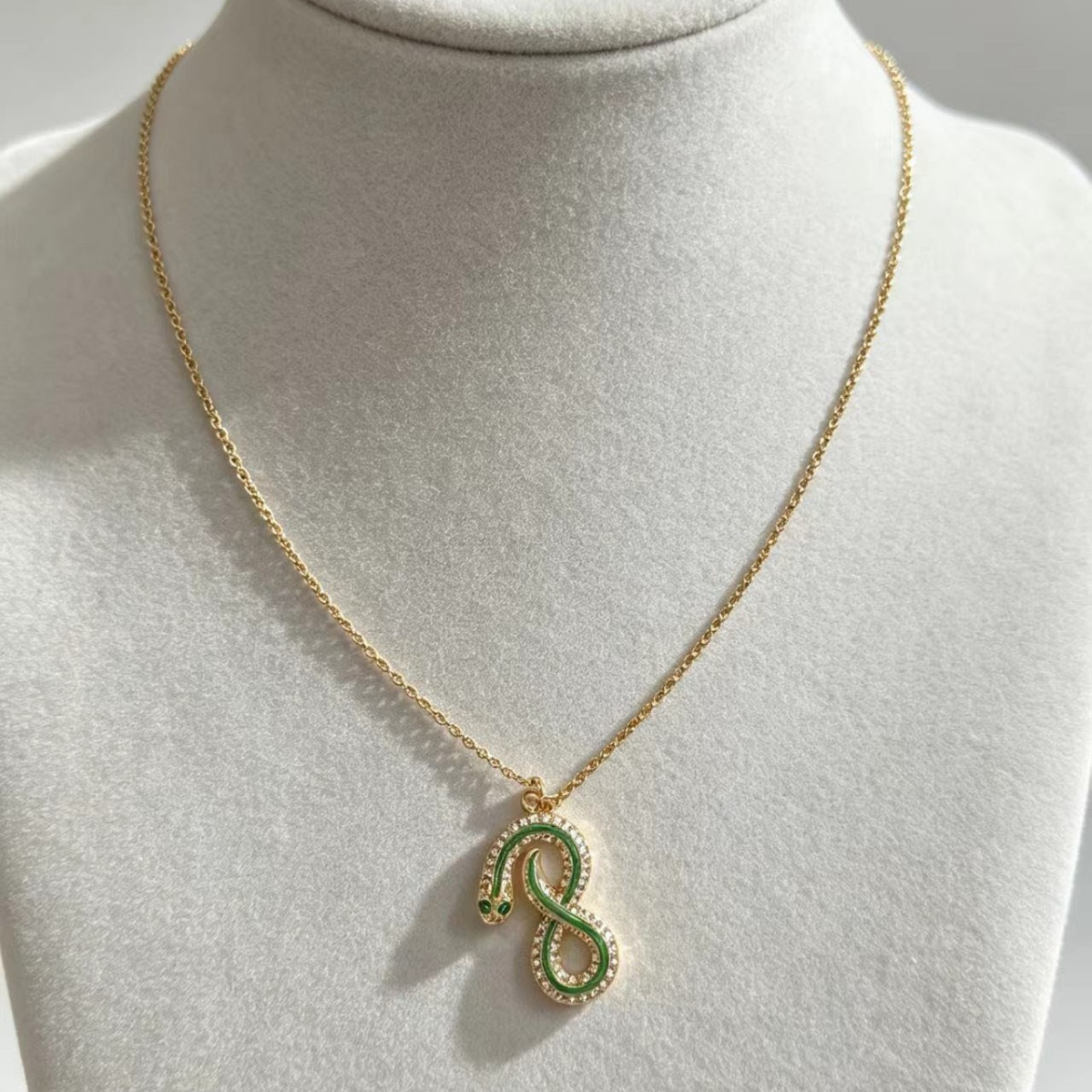 Green Enamel Snake Pendant Necklace, Dainty CZ Crystal Serpent Choker, Spiritual Protection Jewelry