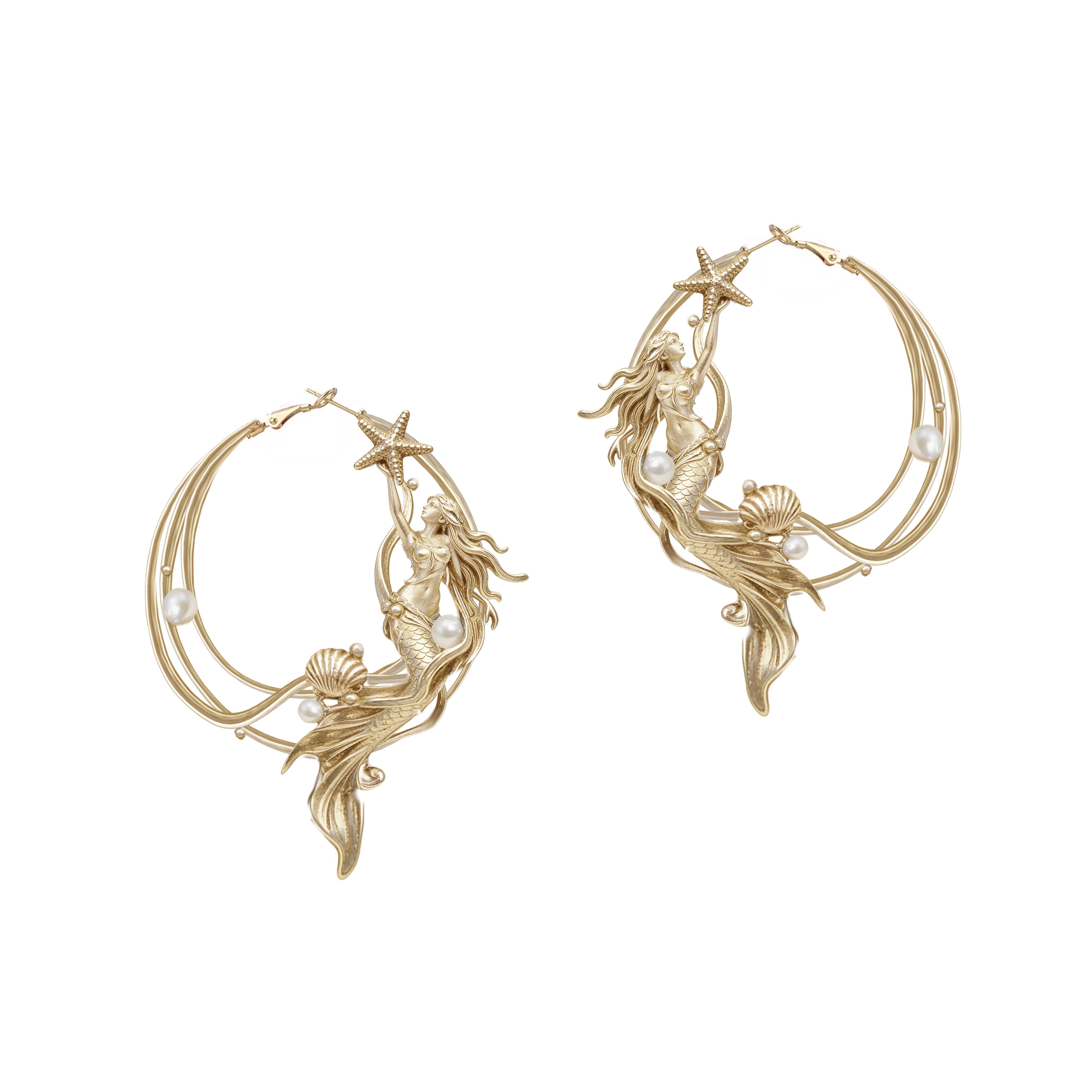 Deep Sea Legend 3D Mermaid Pearl Hoop Earrings | Original Sweet Cool Unisex Statement Earrings