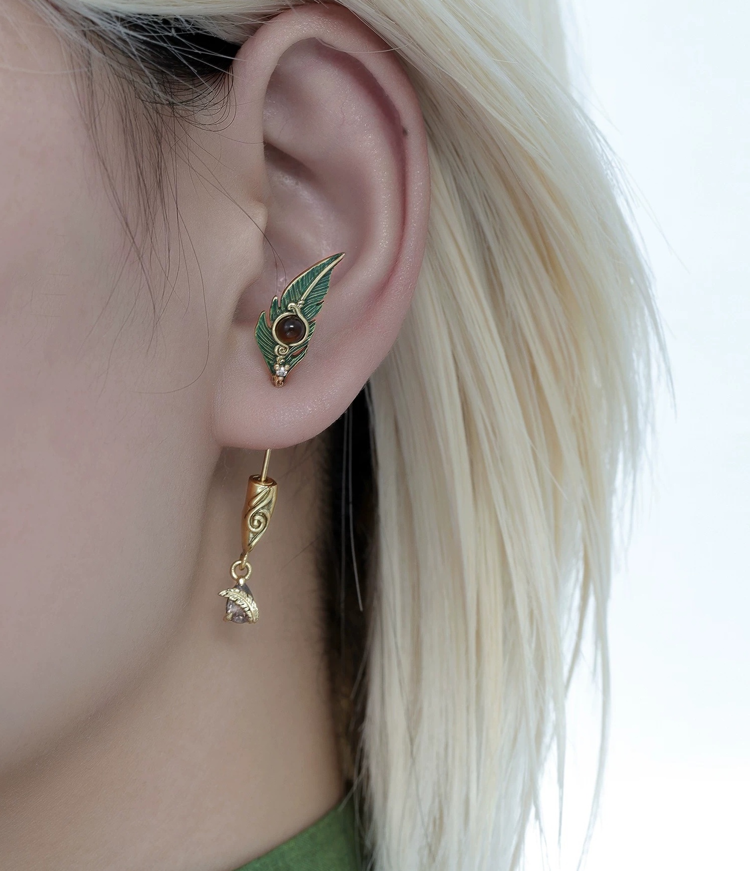 Premium Green Peacock Feather Tiger's Eye Long Drop Earrings | Original Vintage Gold Linear Statement Earrings
