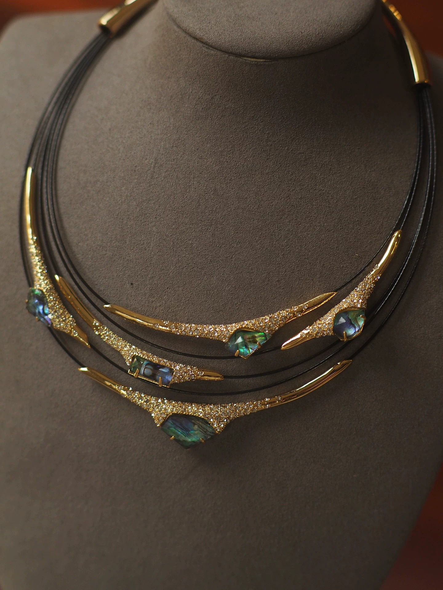 Vintage Natural Abalone Mother of Pearl Multi-Layer Choker | Designer Antique Gold Statement Collar Necklace