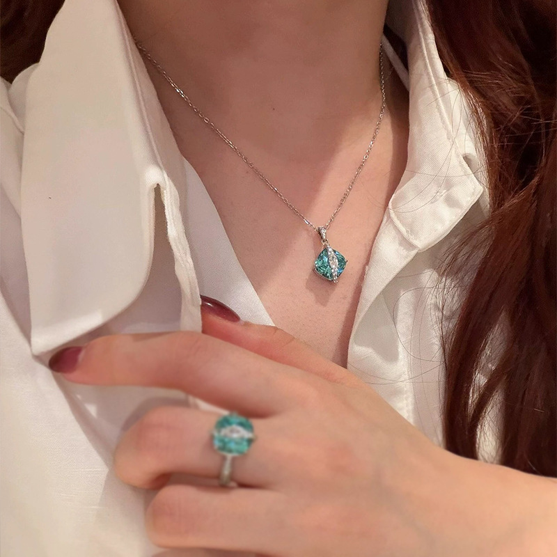 S925 Silver Paraiba Green Square Pendant Necklace, Cool Tone Crystal Spiritual Jewelry