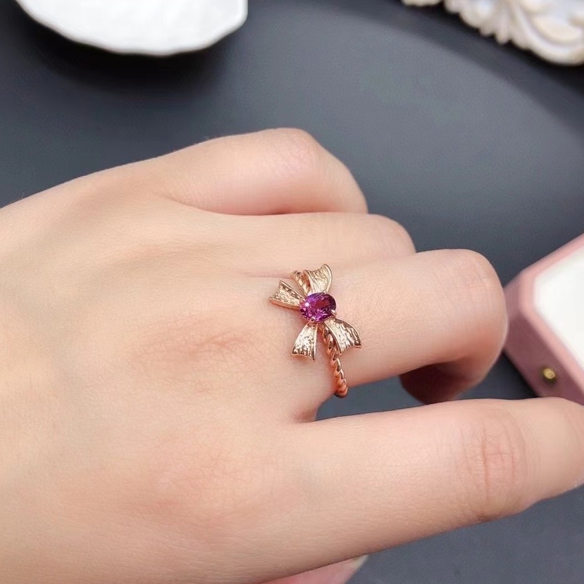 Natural Garnet & Green Diopside Bow Knot Ring, S925 Sterling Silver Gold Plated Adjustable Ring