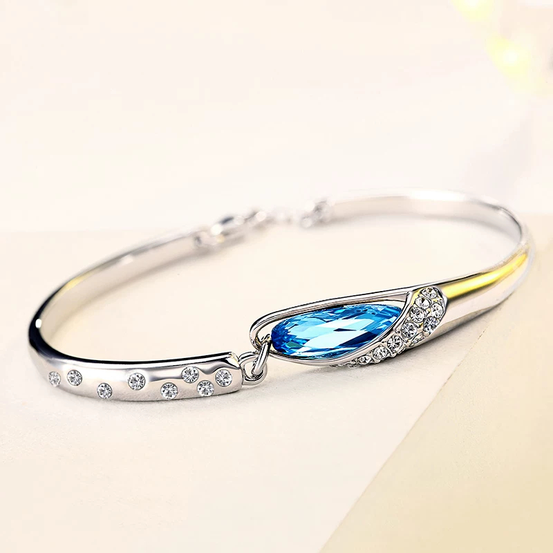 Blue Crystal Zodiac Bangle Bracelet for Women Silver Tone 12 Horoscope Charms Elegant Birthday Gift