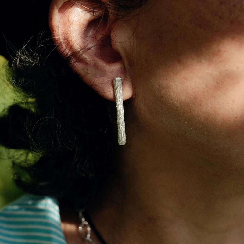 Minimalist Tree Bark Texture Long Bar Earrings 925 Sterling Silver Post Matte Silver Stud Earrings