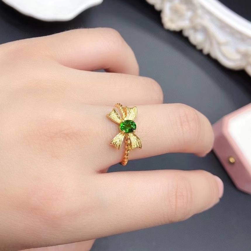 Natural Garnet & Green Diopside Bow Knot Ring, S925 Sterling Silver Gold Plated Adjustable Ring