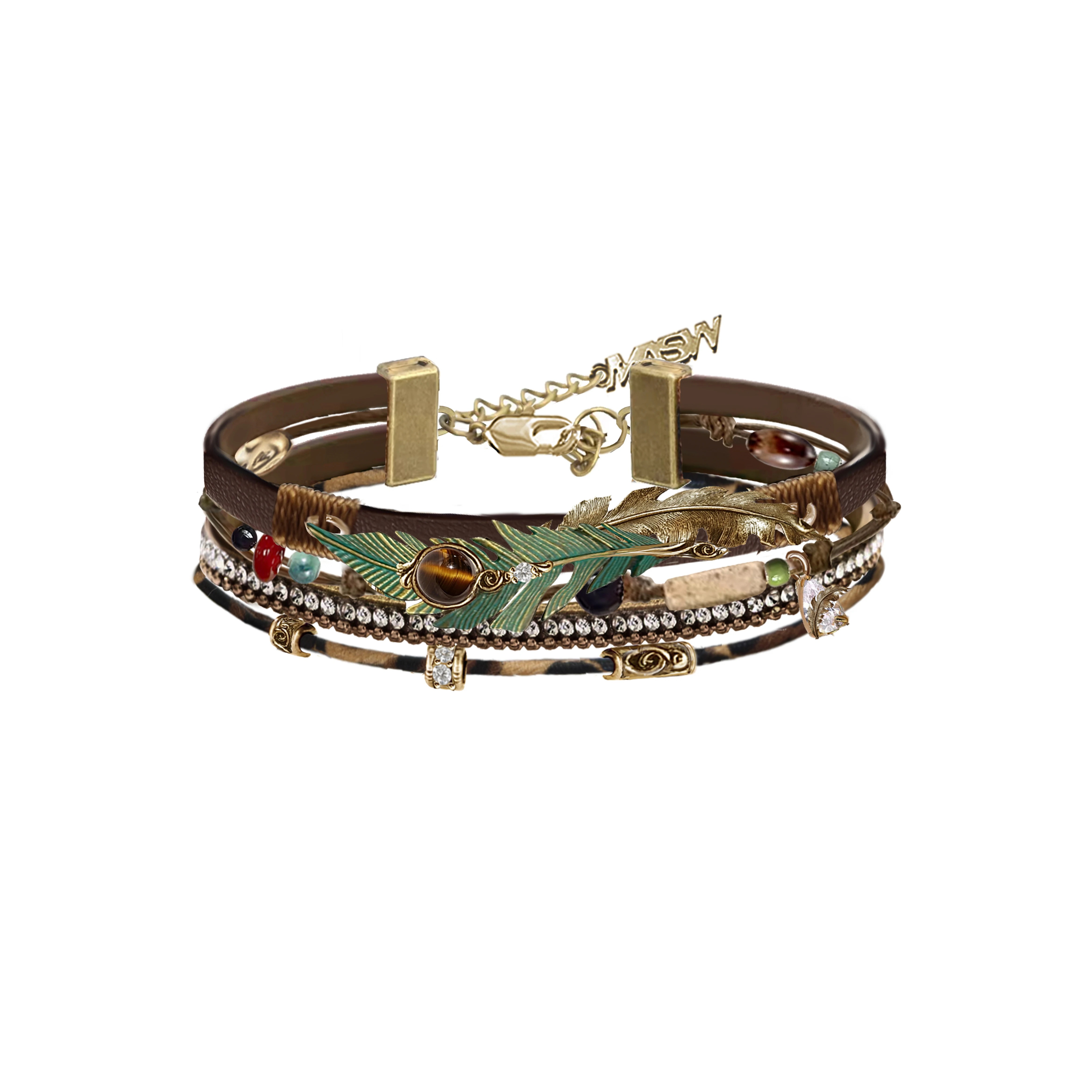 Vintage Gold Peacock Feather Multi-Layer Leather Bracelet | Original Boho Light Luxury Stackable Bracelet
