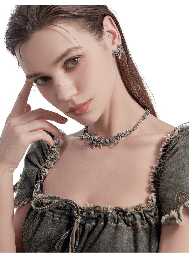 Abalone Shell Butterfly Multi-Charm Choker Necklace | Vintage Silver Light Luxury Designer Collar Necklace