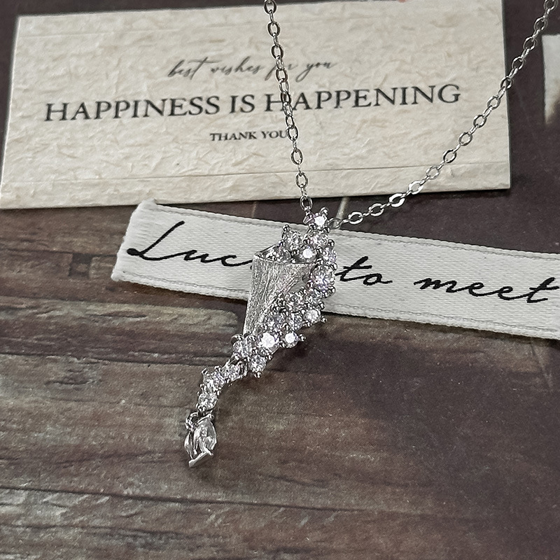 S925 Sterling Silver Brushed Pave Long Pendant Necklace | Minimalist Luxury Tapered Drop Necklace for Women