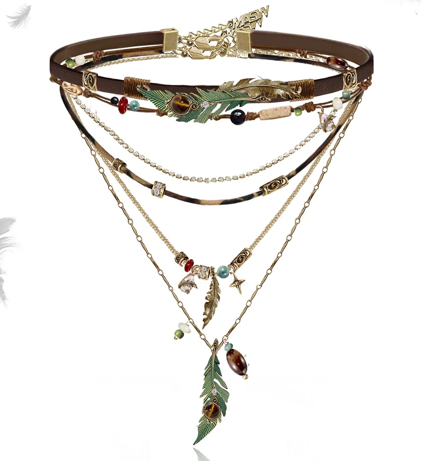 Bohemian Wasteland Multi-Layer Green Feather Necklace | Maillard Leather Choker Layered Necklace