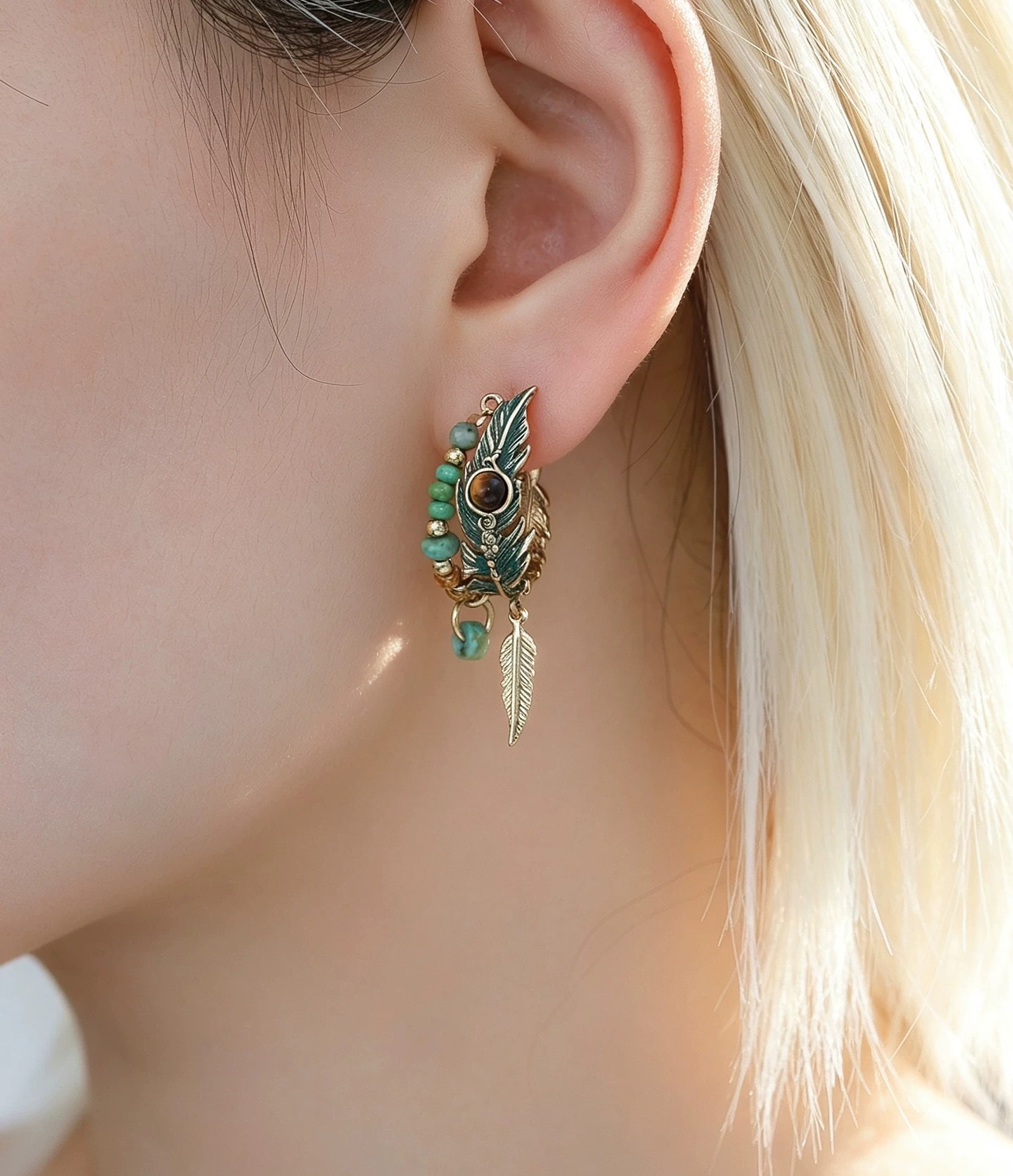 Vintage Green Peacock Feather Enamel Hoop Earrings | Bohemian Exotic Vacation Beaded Drop Earrings