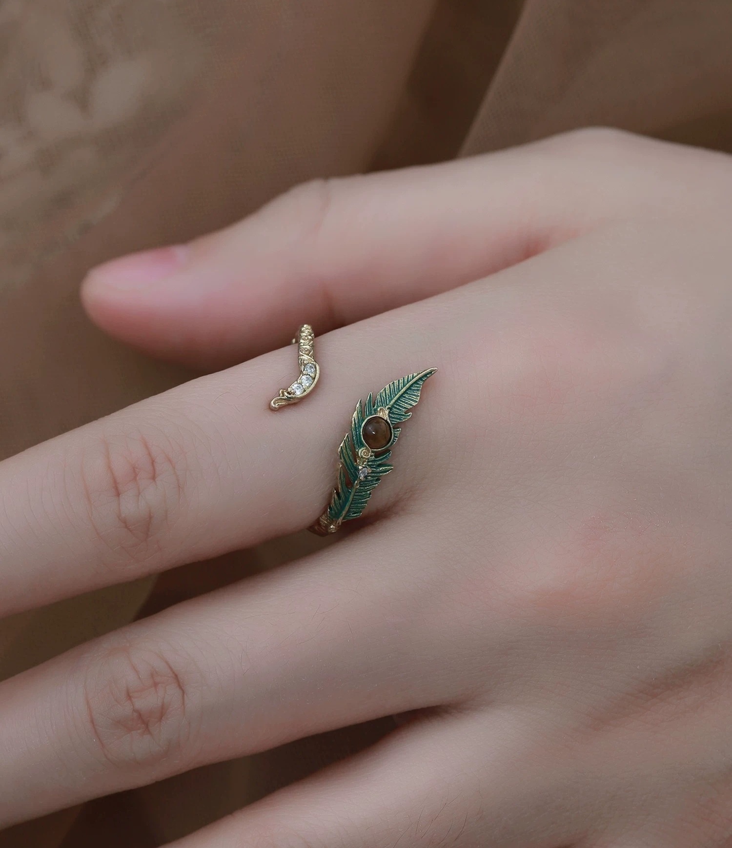 Vintage Peacock Feather Tiger's Eye Open Ring | Designer Gold Enamel Adjustable Statement Ring