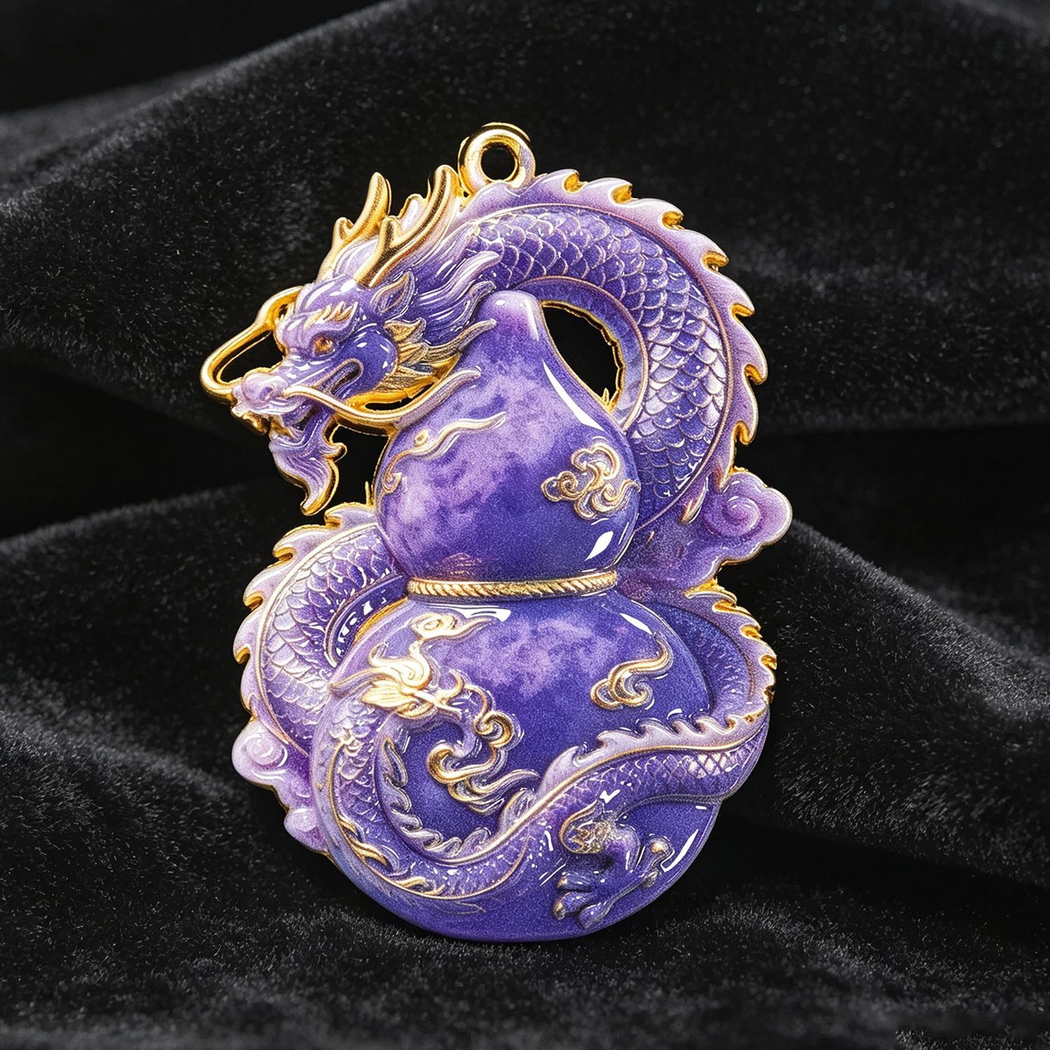 Purple Dragon Gourd Pendant Necklace, Spirit Dragon Calabash Amulet, Vintage Chinese Lucky Charm, Gold Trim Spiritua