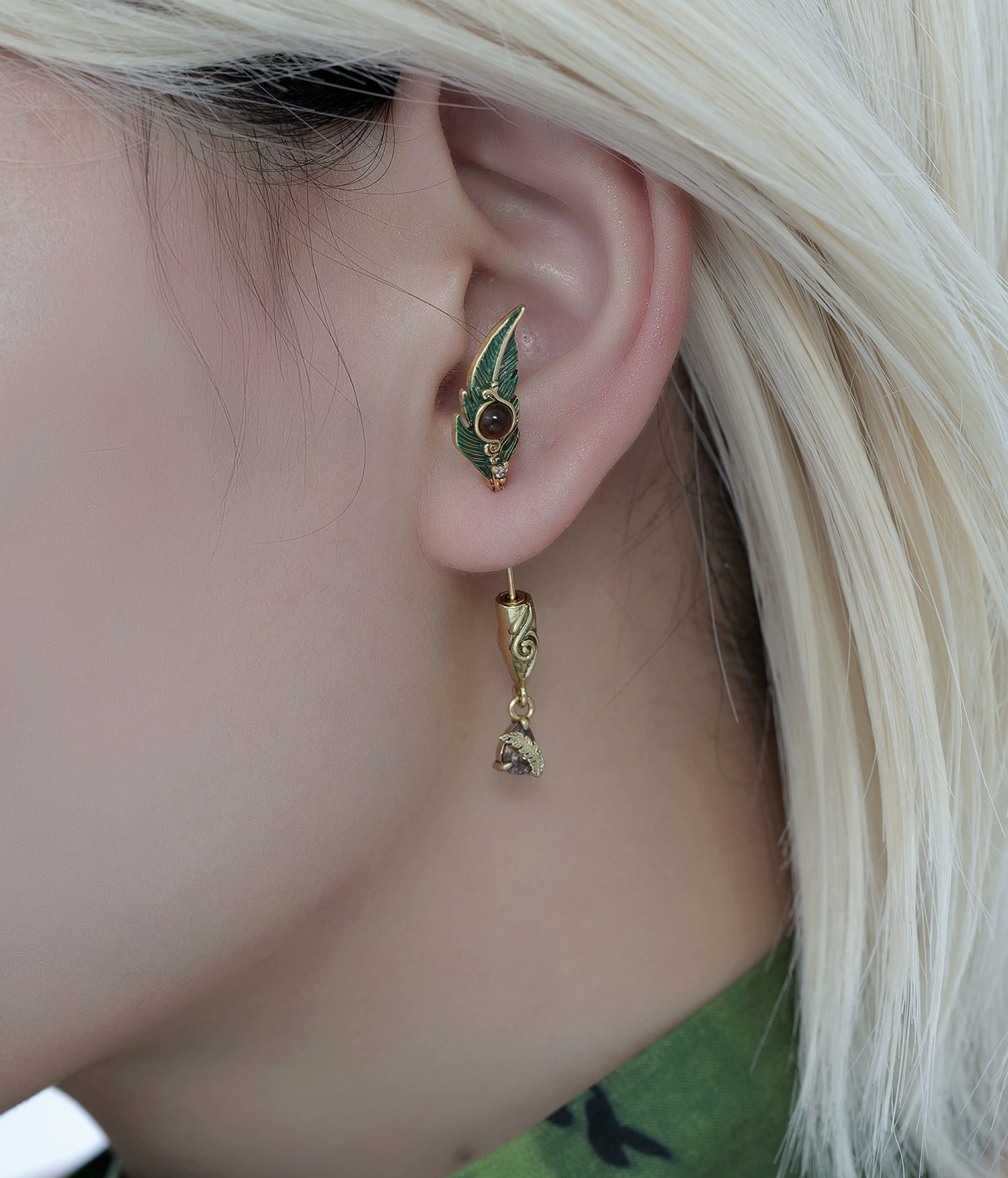 Premium Green Peacock Feather Tiger's Eye Long Drop Earrings | Original Vintage Gold Linear Statement Earrings