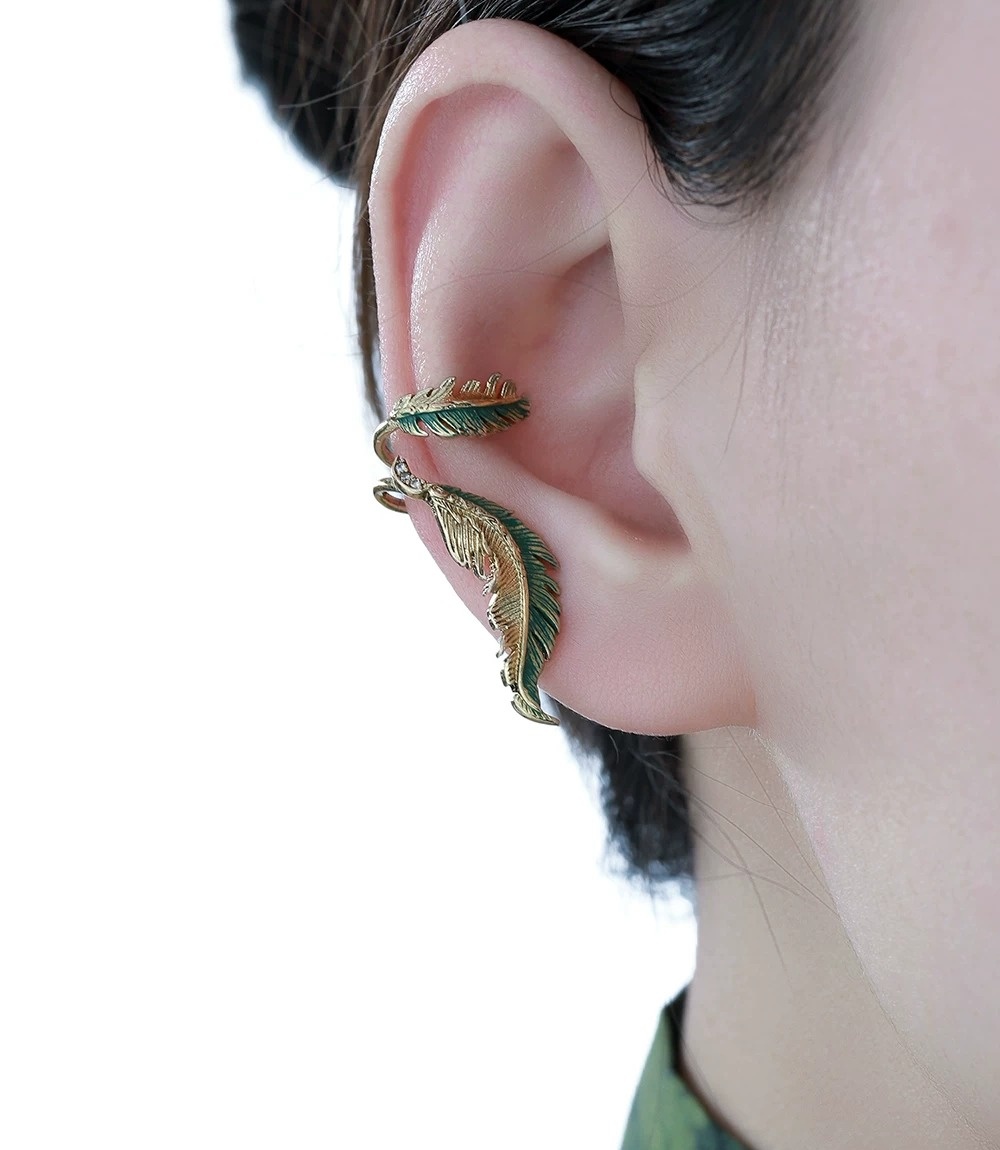 Exaggerated Green Feather Wing Ear Cuff Set | Original Vintage Gold No-Piercing Statement Earrings