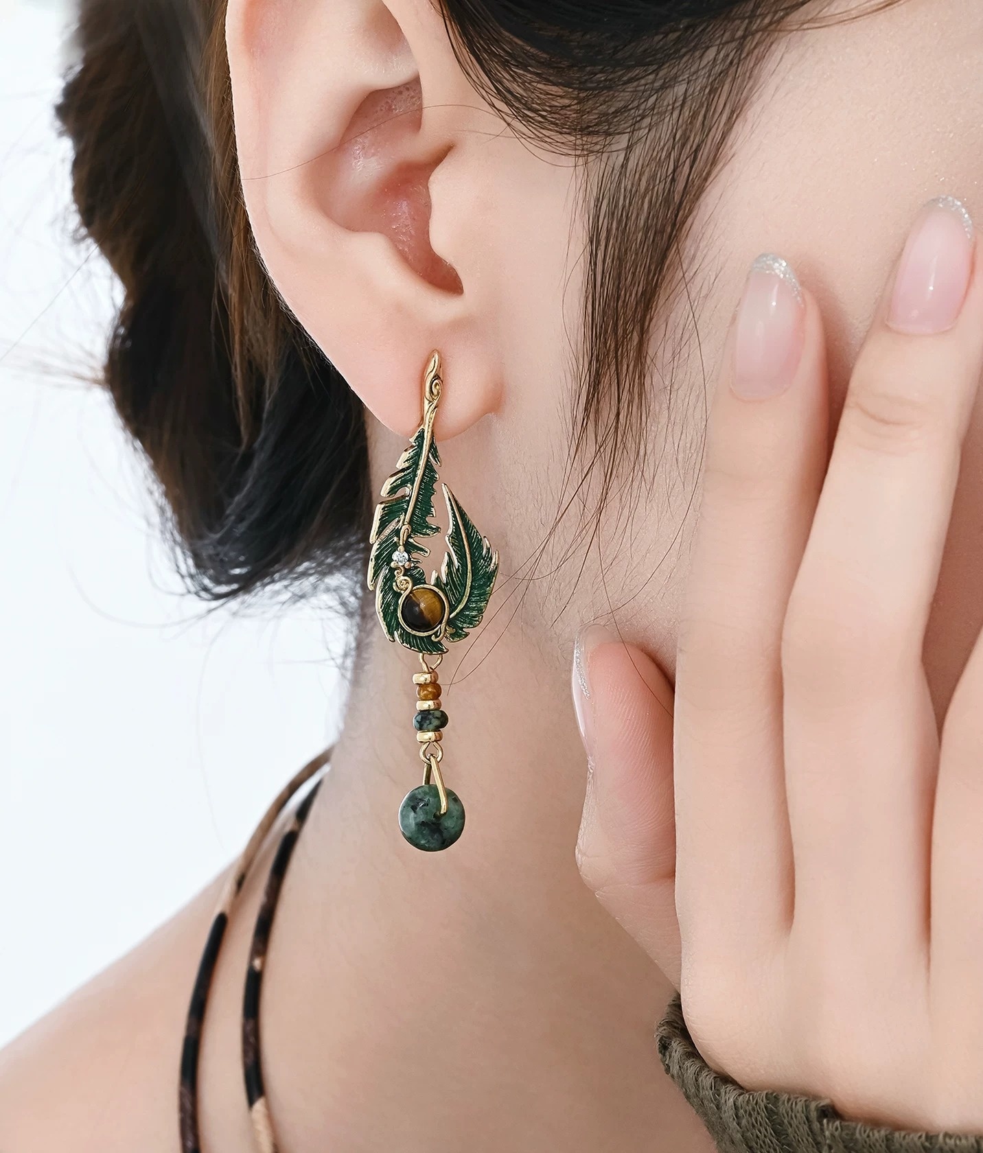 Original Artistic Bohemian Green Feather Leaf Earrings | Vintage Gold Tiger's Eye Natural Stone Drop Earrings