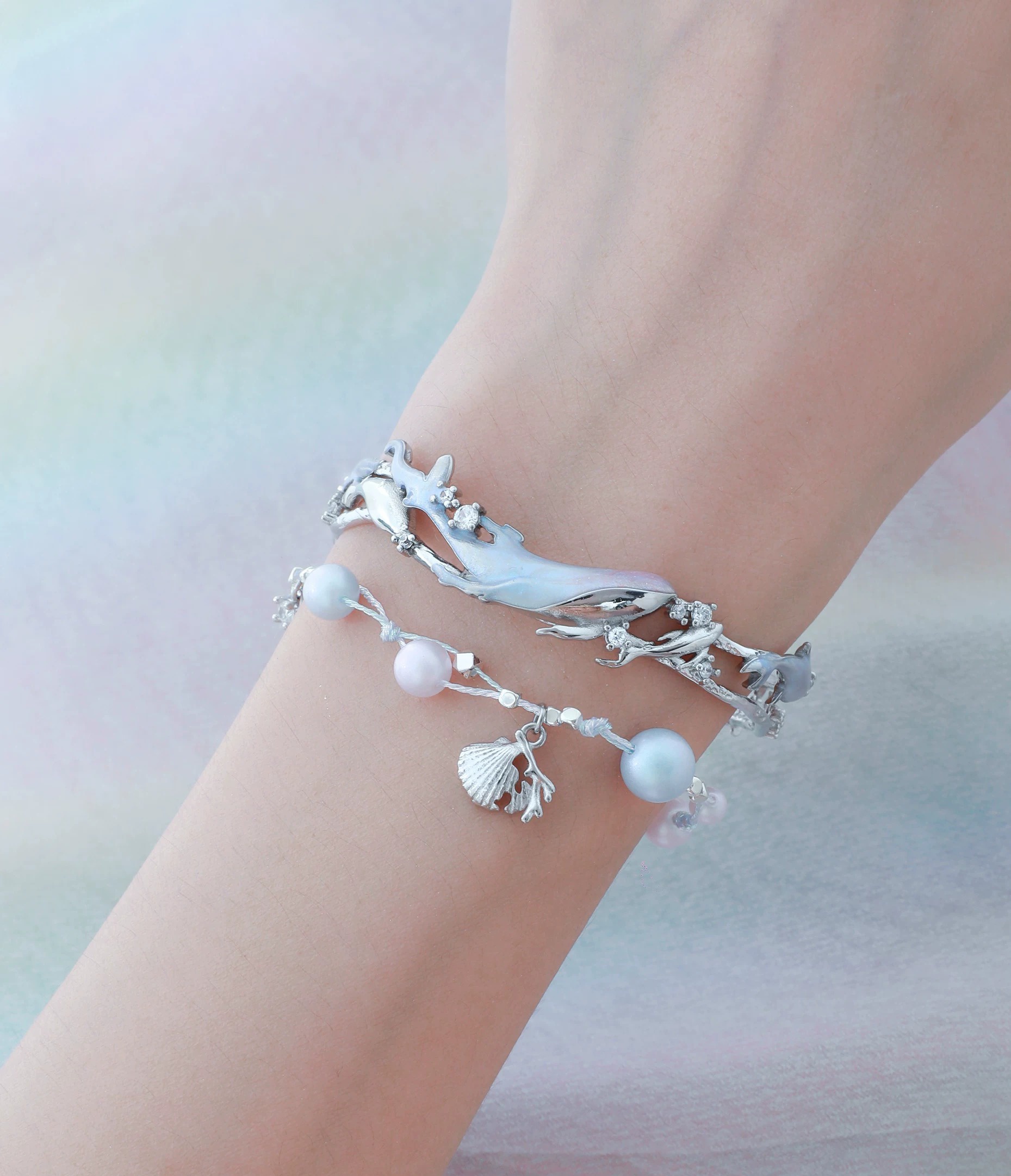Atlantean Whale 3D Relief Cuff Bracelet | Original Niche Sweet Cool Premium Bangle & Pearl Bracelet Set
