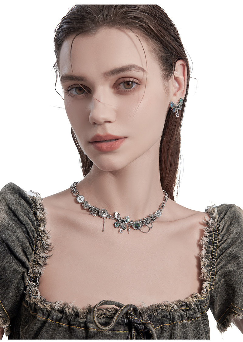 Abalone Shell Butterfly Multi-Charm Choker Necklace | Vintage Silver Light Luxury Designer Collar Necklace