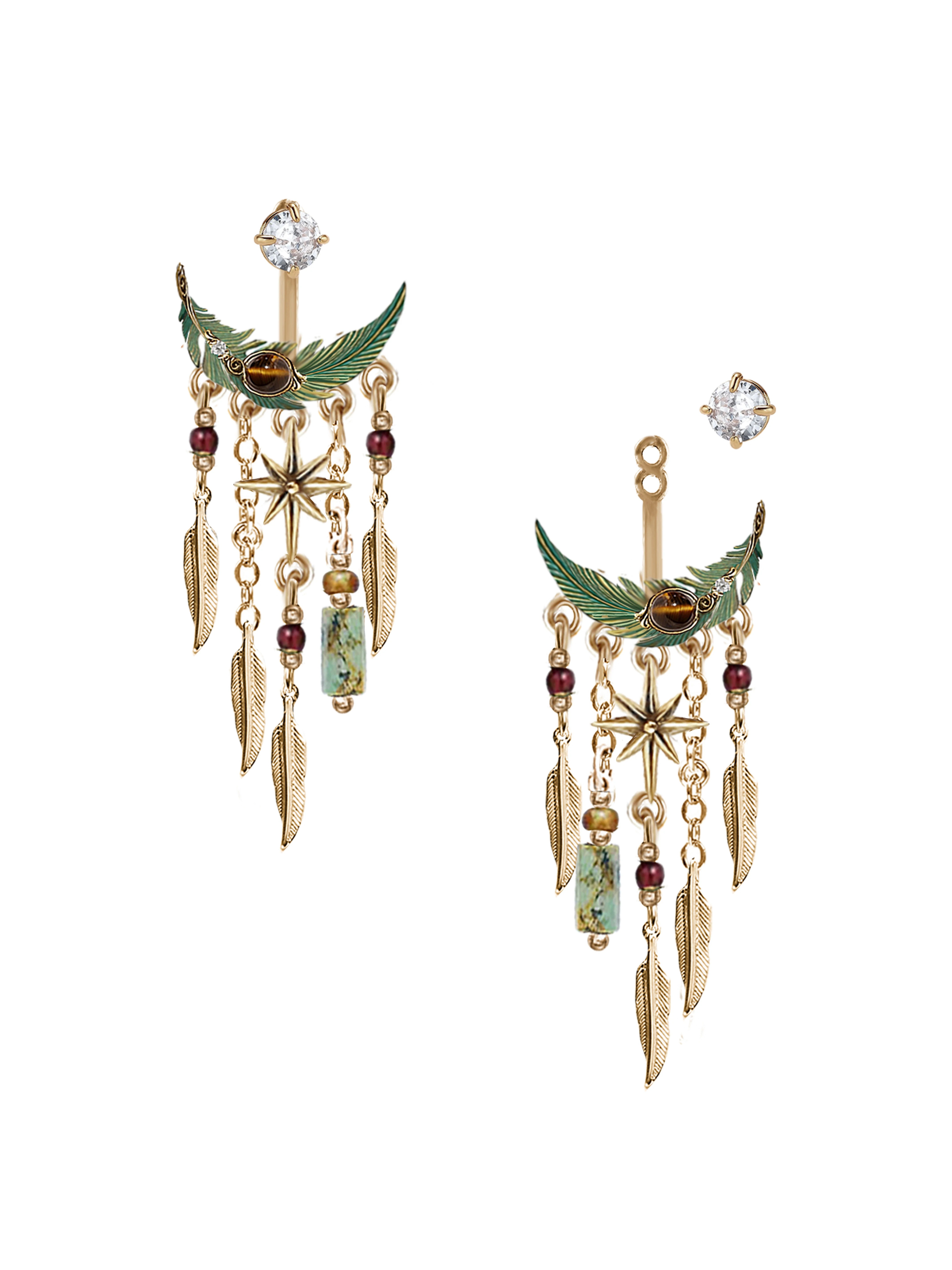 Ethnic Bohemian Green Feather Long Tassel Stud Earrings | Vintage Gold Statement Boho Dangle Earrings