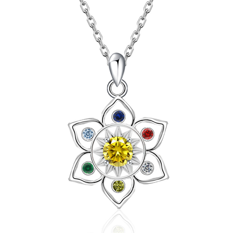 S925 Sterling Silver Chakra Lotus Birthstone Necklace