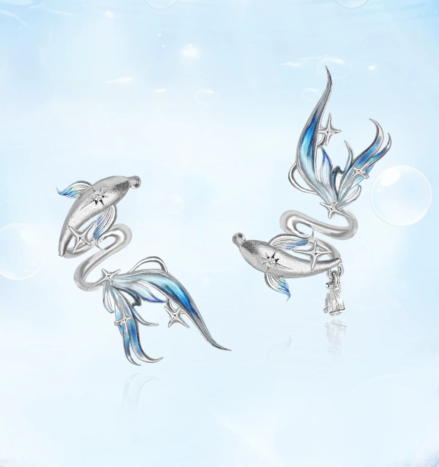 Deep Sea Legend Gradient Enamel Fish Tail Ear Cuff | No-Piercing Fairy Ocean Silver Cartilage Earring