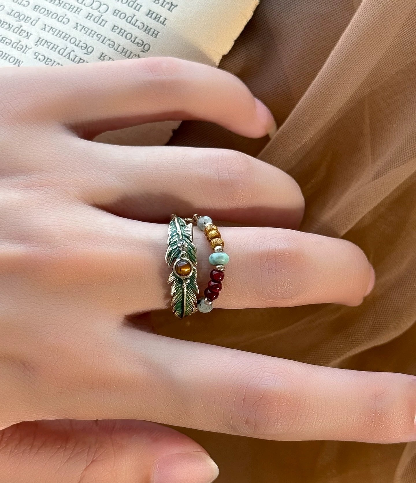 Exotic Ethnic Green Feather Tassel Adjustable Ring | Vintage Gold Bohemian Statement Ring