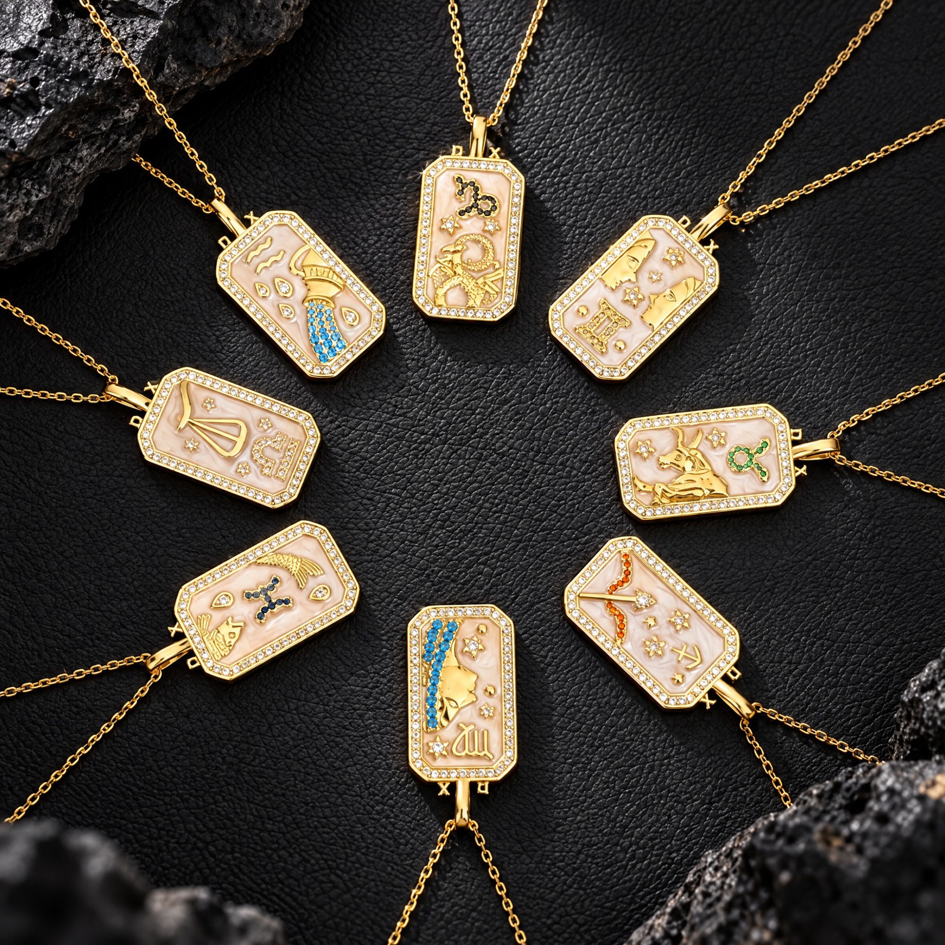 12 Zodiac Sign Rectangular Tag Necklace, Gold Plated Shell Inlay Zircon Pendant Necklace
