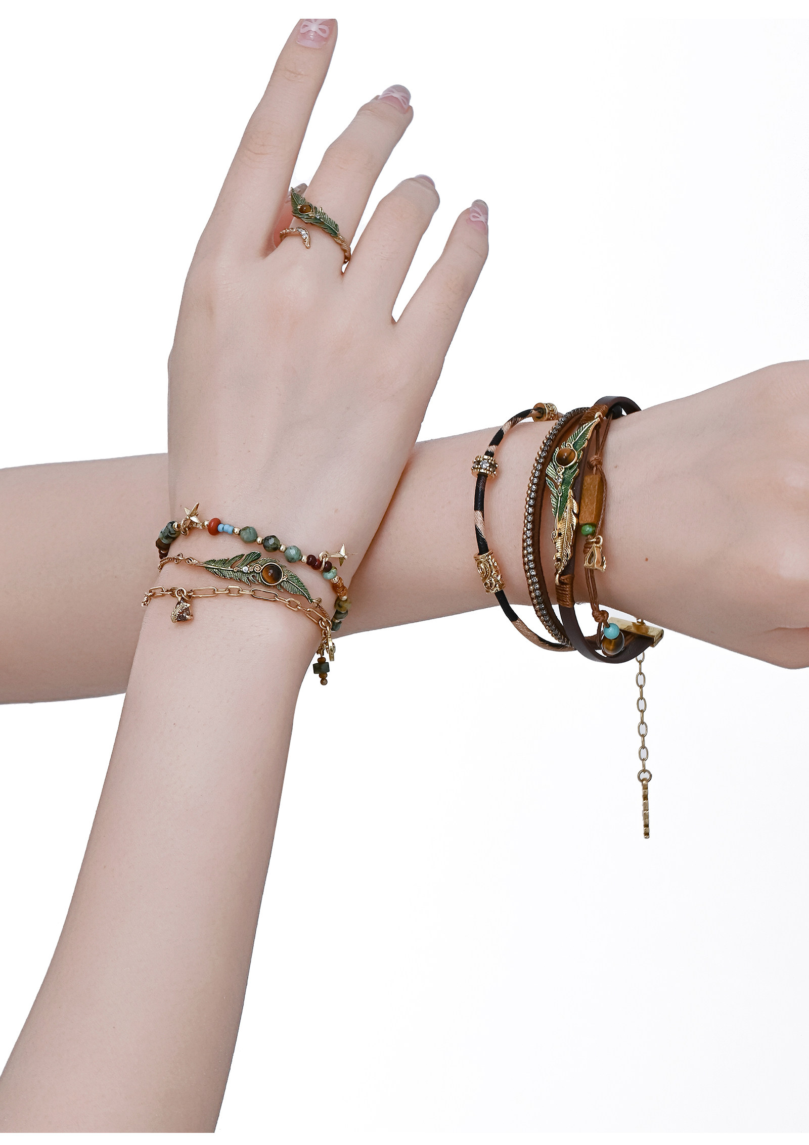 Vintage Gold Peacock Feather Multi-Layer Leather Bracelet | Original Boho Light Luxury Stackable Bracelet