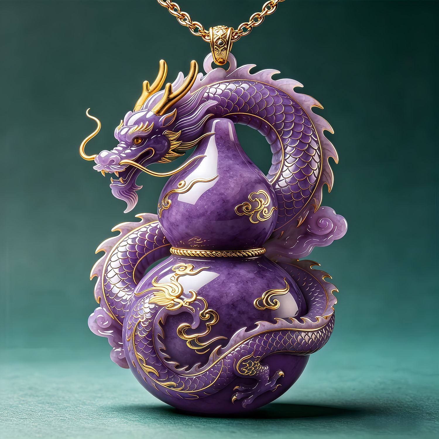 Purple Dragon Gourd Pendant Necklace, Spirit Dragon Calabash Amulet, Vintage Chinese Lucky Charm, Gold Trim Spiritua