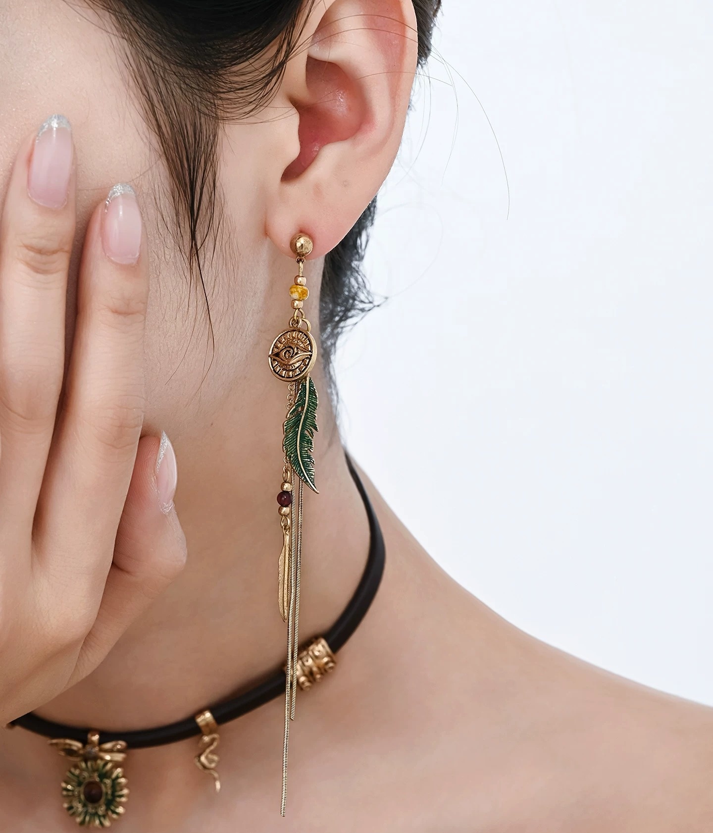Asymmetric Bohemian Green Feather Evil Eye Tassel Drop Earrings | Vintage Gold Artistic Ethnic Long Earrings