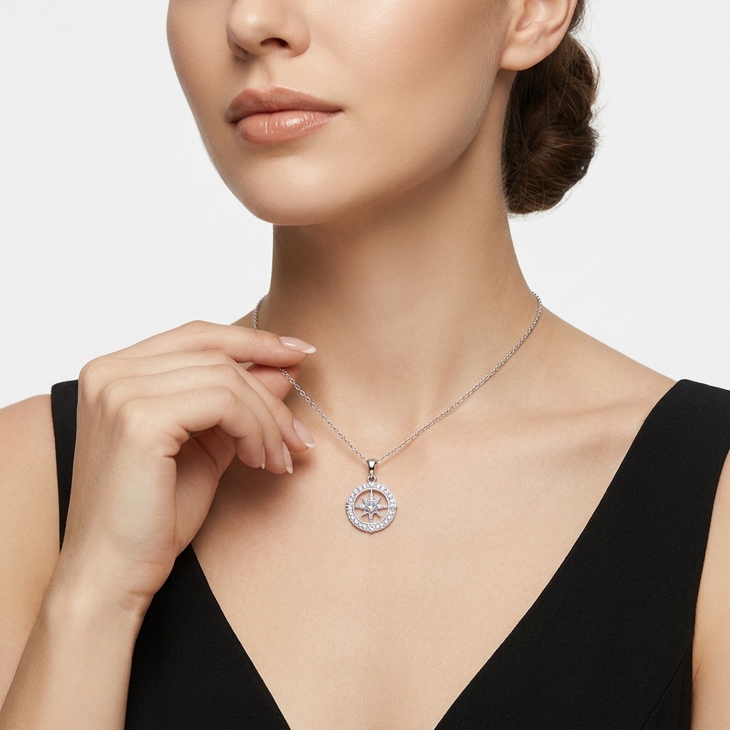 S925 Silver North Star Compass Pendant Necklace