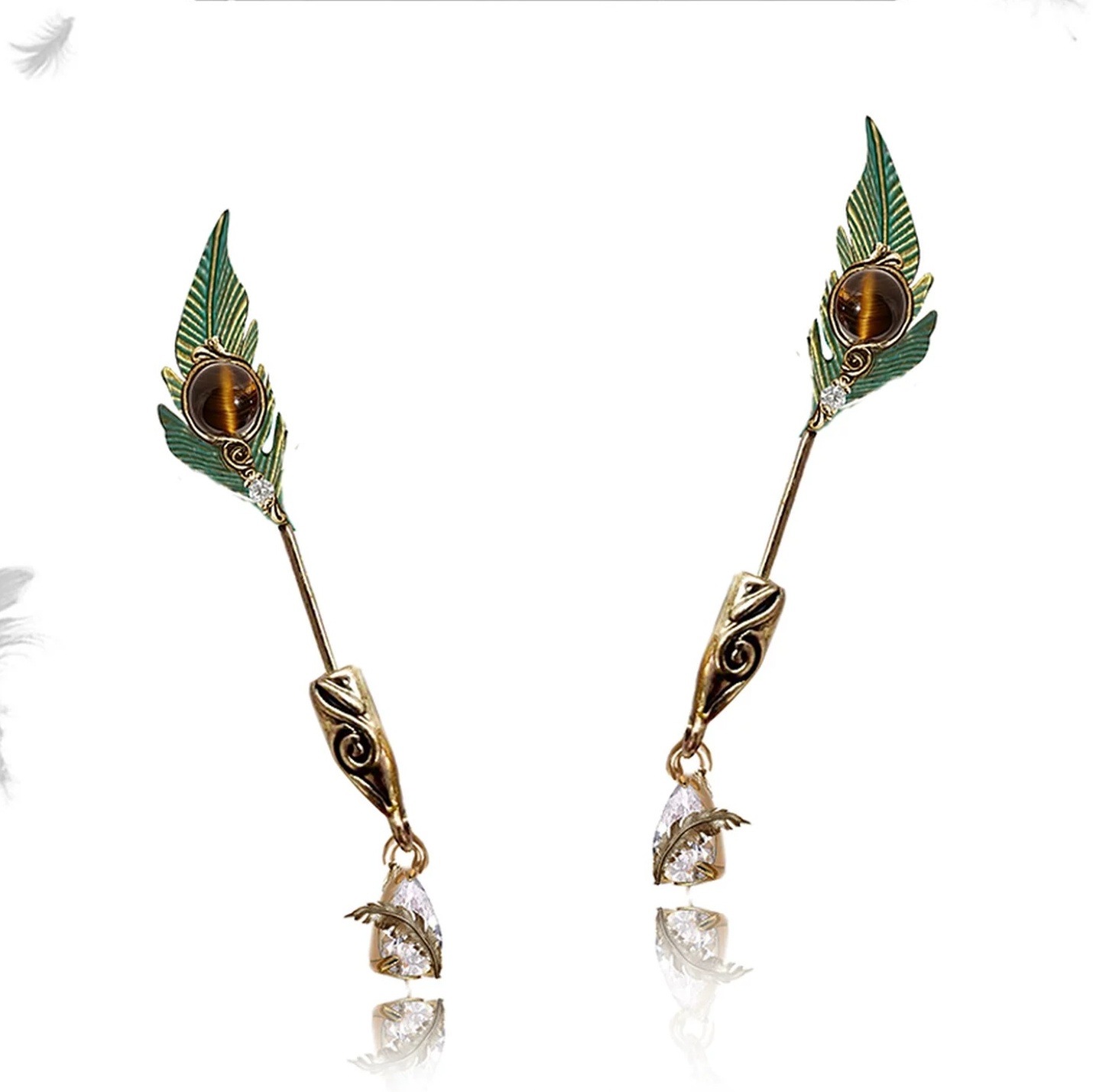 Premium Green Peacock Feather Tiger's Eye Long Drop Earrings | Original Vintage Gold Linear Statement Earrings