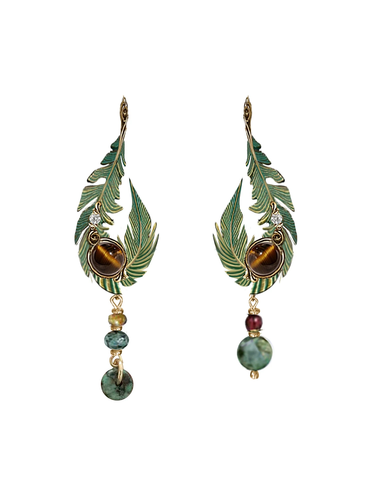 Original Artistic Bohemian Green Feather Leaf Earrings | Vintage Gold Tiger's Eye Natural Stone Drop Earrings