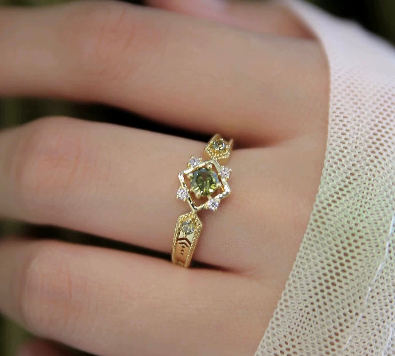 Vintage French Olive Green Zircon Open Stackable Adjustable Ring For Women