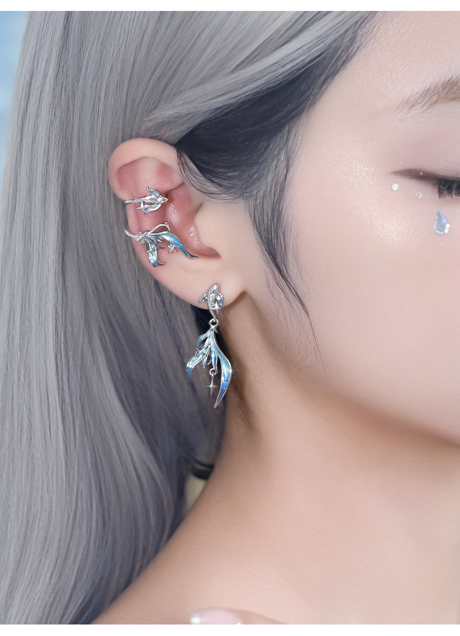 Deep Sea Legend Gradient Enamel Fish Tail Ear Cuff | No-Piercing Fairy Ocean Silver Cartilage Earring