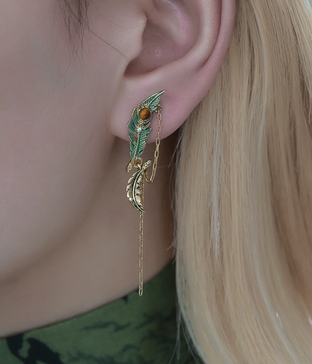 Asymmetric Green Feather Chain Tassel Drop Earrings | Vintage Gold Tiger's Eye Statement Earrings