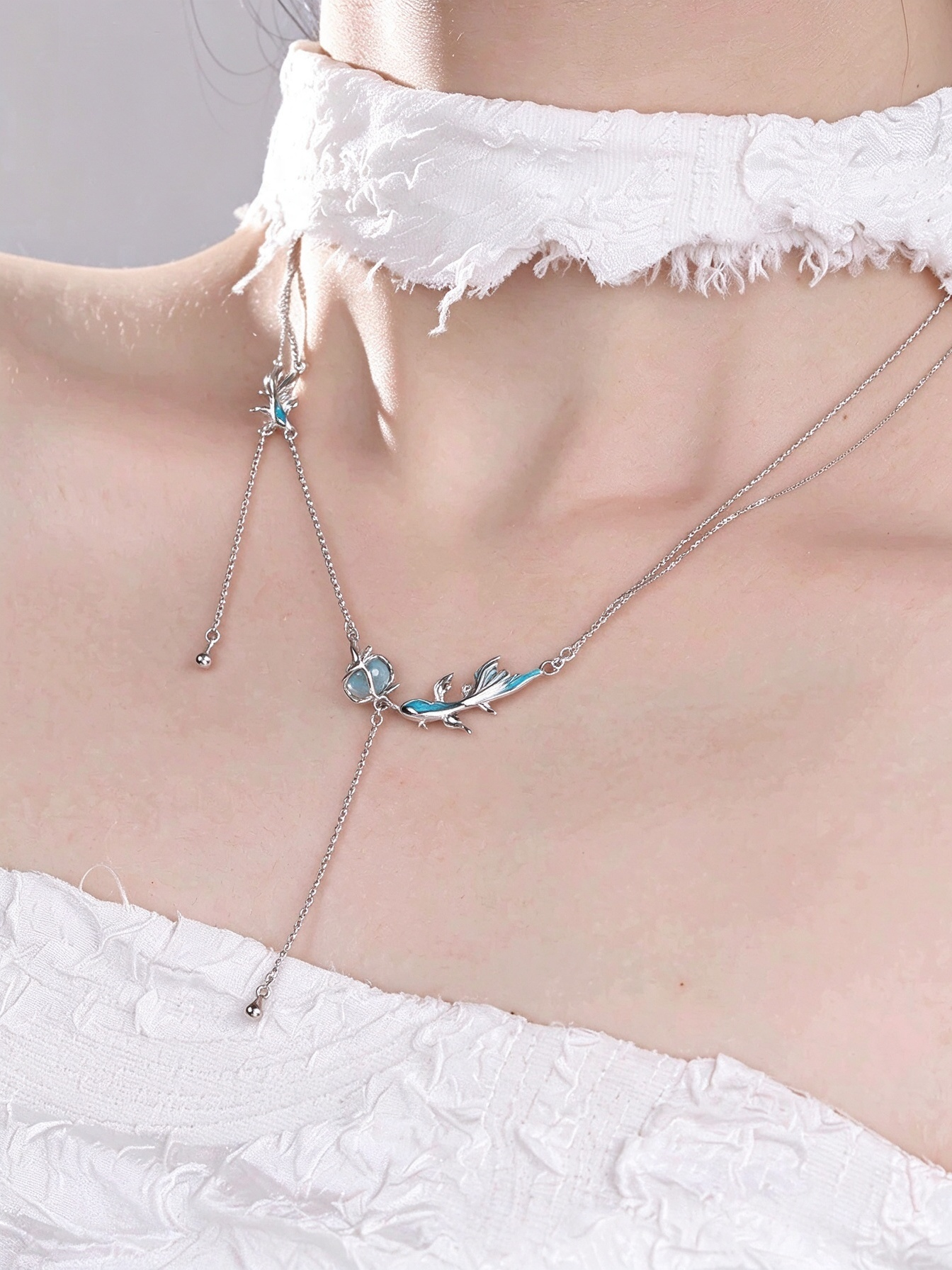Spirit Blue Fish Double Layer Y-Necklace | Original Niche Sweet Cool Blue Fish Collar Necklace