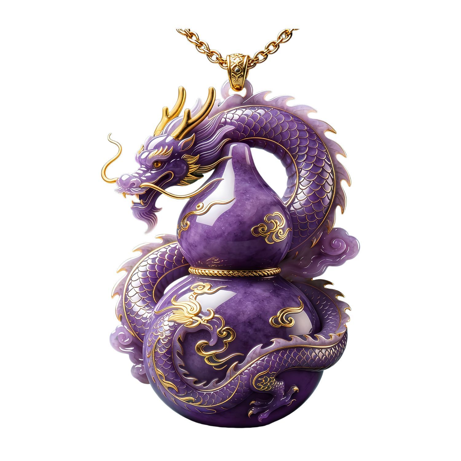 Purple Dragon Gourd Pendant Necklace, Spirit Dragon Calabash Amulet, Vintage Chinese Lucky Charm, Gold Trim Spiritua