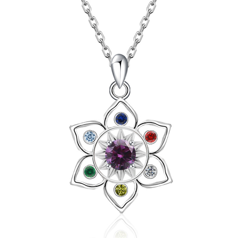 S925 Sterling Silver Chakra Lotus Birthstone Necklace